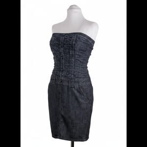 Vintage Y2K Denim Mini Dress L Blue Strapless Zip Stretch Jean Short Button